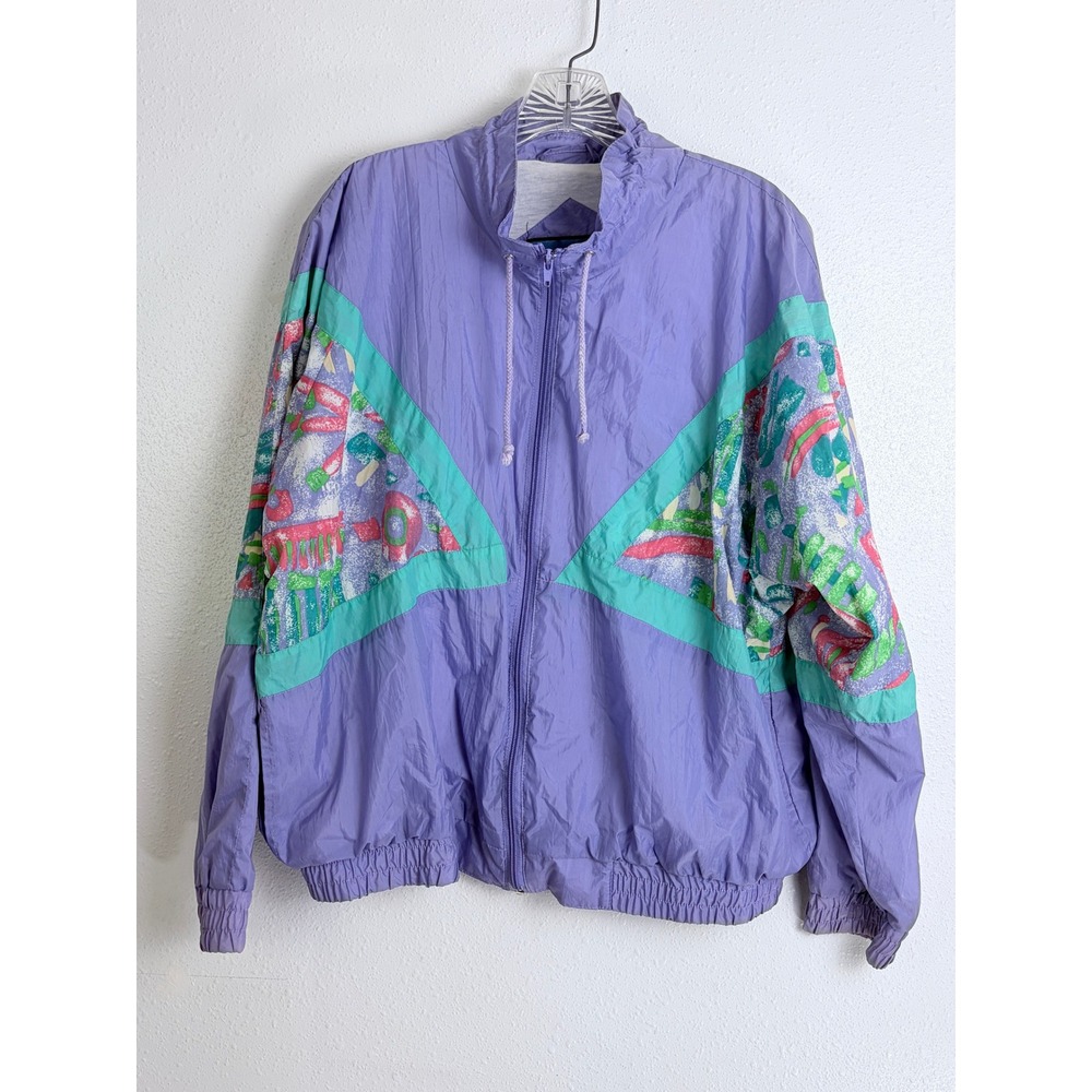 Vintage 90s Color Cues Purple Geometric Print Nylon Windbreaker Womens L